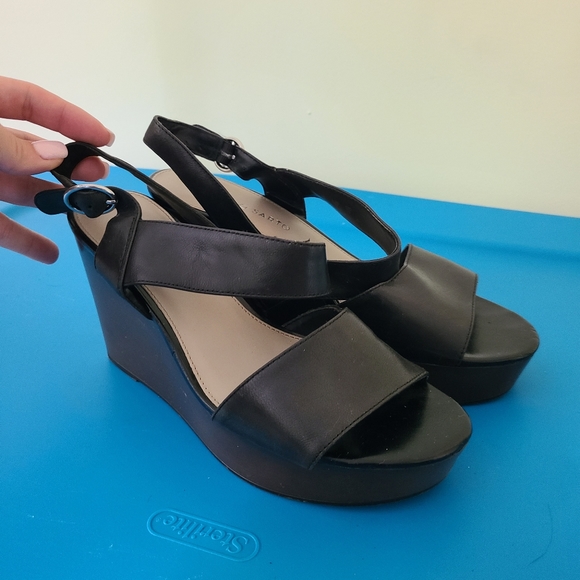 Shoes - Black Leather wedge sandals
